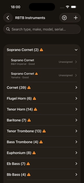 Instruments list, grouped by type
