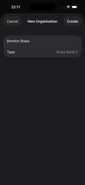 Create Organisation screen