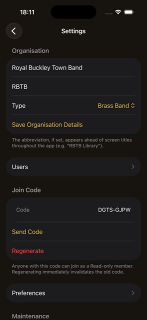 Settings — Organisation section