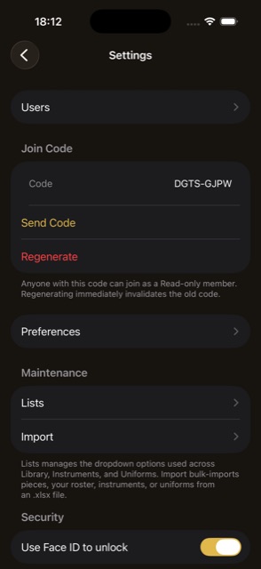 Settings — Join Code section