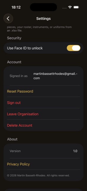 Settings — Account section