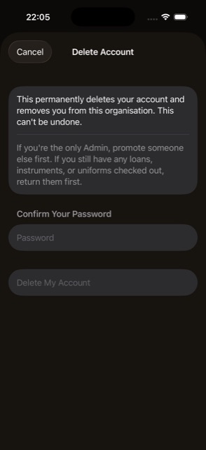 Delete Account screen