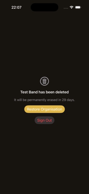 Organisation Deleted screen