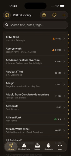 Library list, with search and the A–Z index