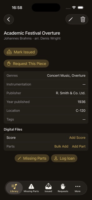 A piece's detail screen