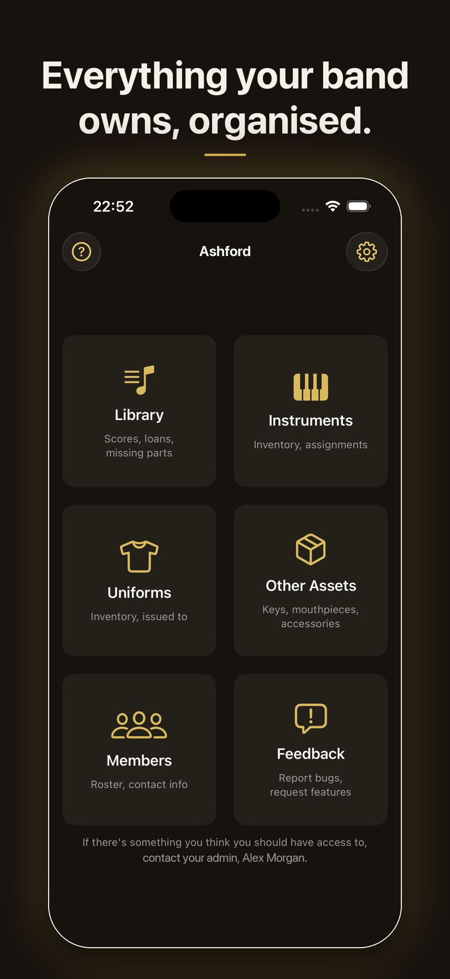 Home screen linking to Library, Instruments, Uniforms, Other Assets, Members, and Feedback.