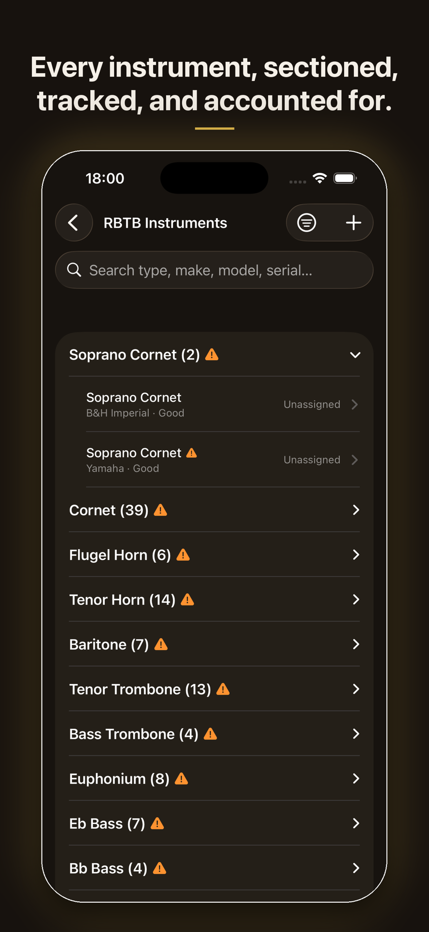Instruments list grouped by type, sectioned and tracked.