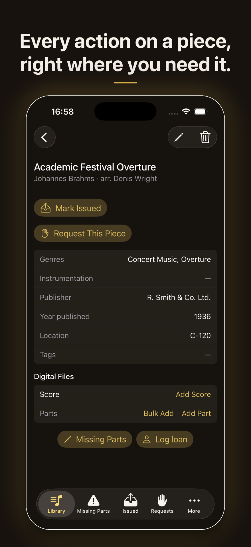 A piece's detail screen with mark issued, request, and file management.