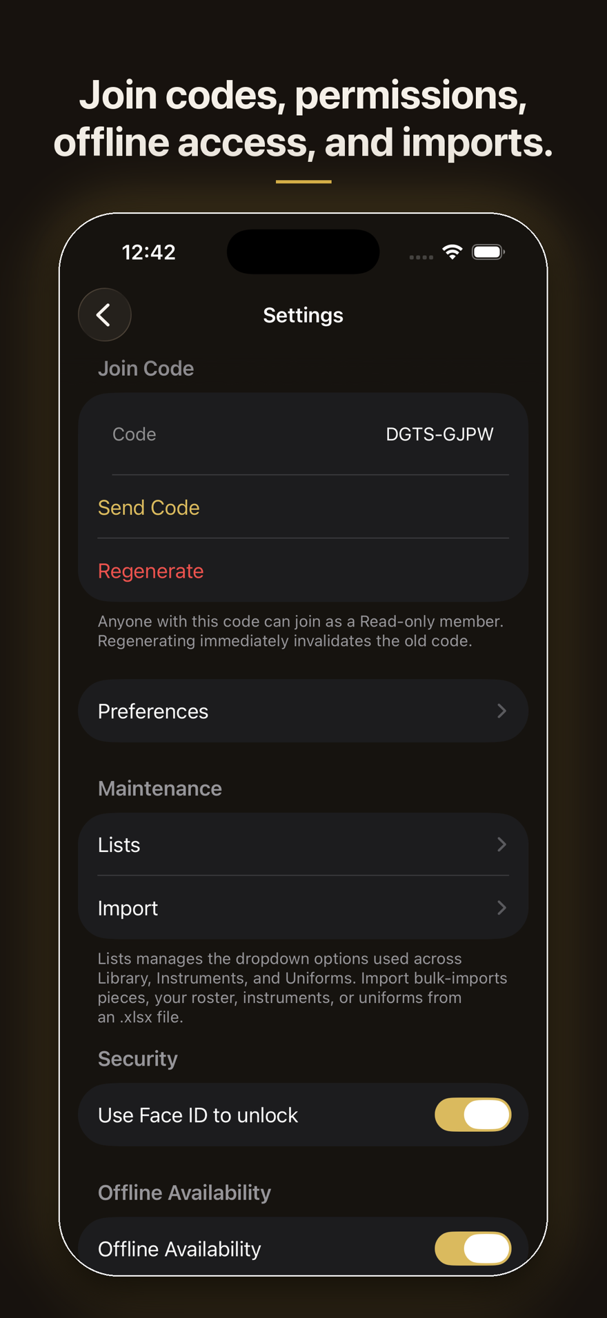 Settings screen with join codes, permissions, offline access, and imports.